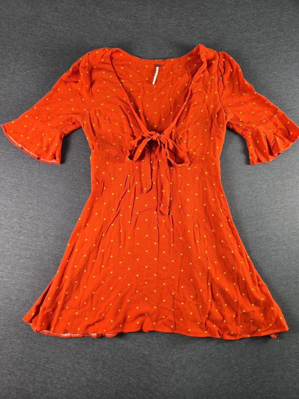 Free People Dress Womens 8 Orange Polka Dot Tie Front Ruffle Sleeve Fit Flare